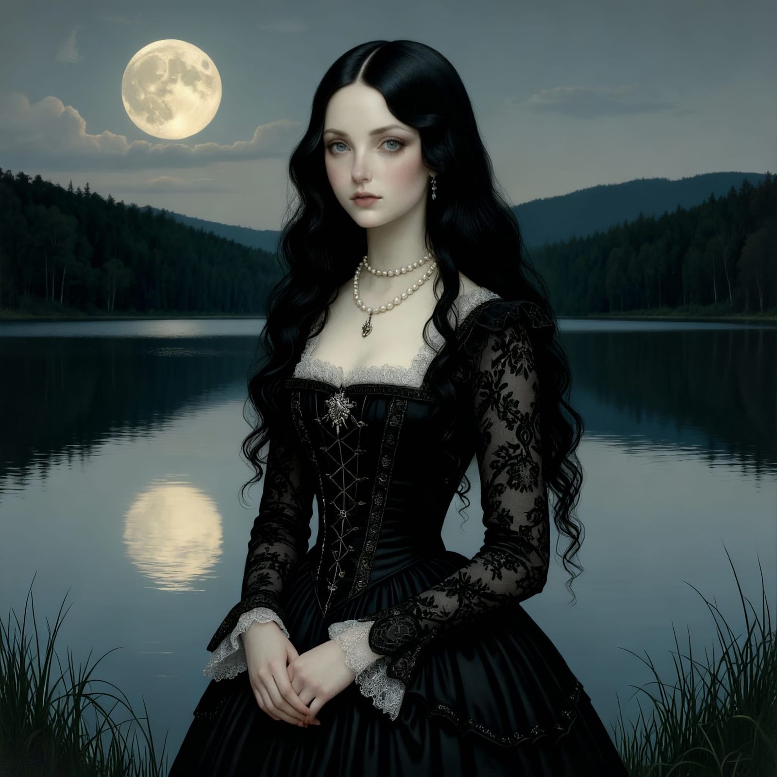 Victorian Girl by Serene Lake in Charcoal Drawing