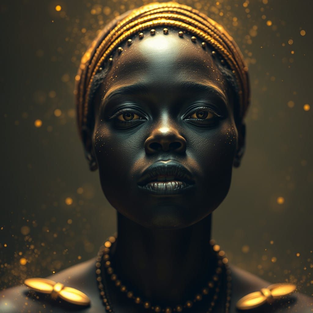Surreal African Goddess Confronts Fate in Golden Wonders