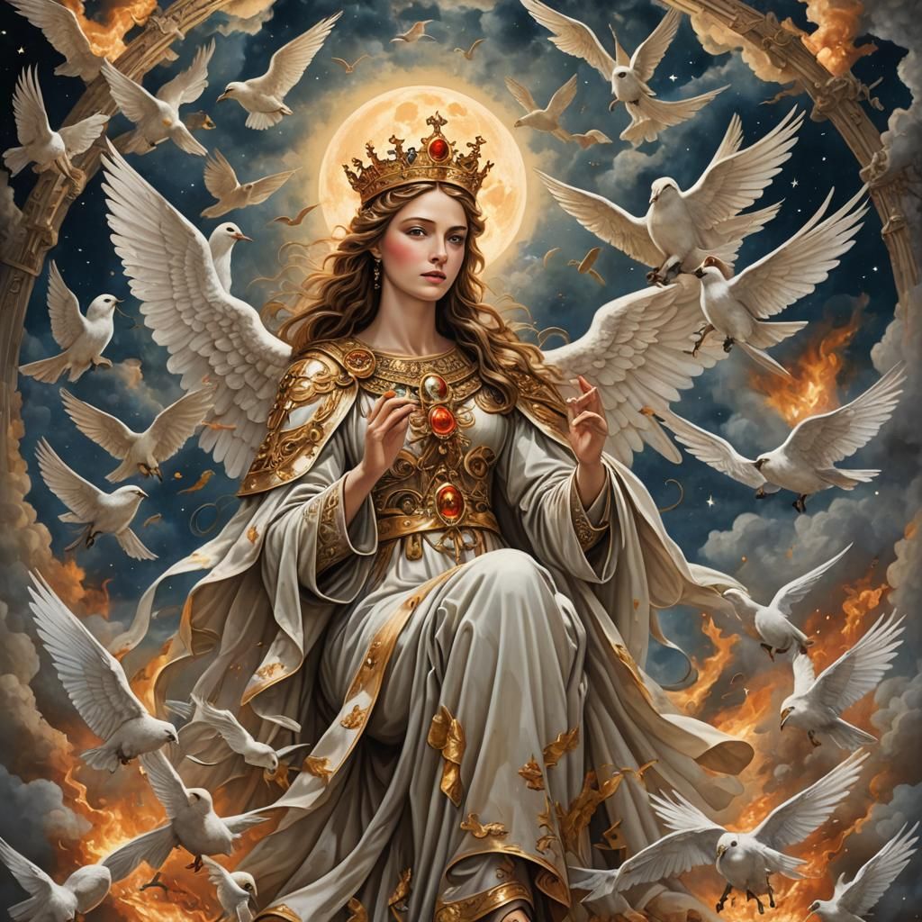 Celestial Queen with Fiery-Eyed Birds on Moon