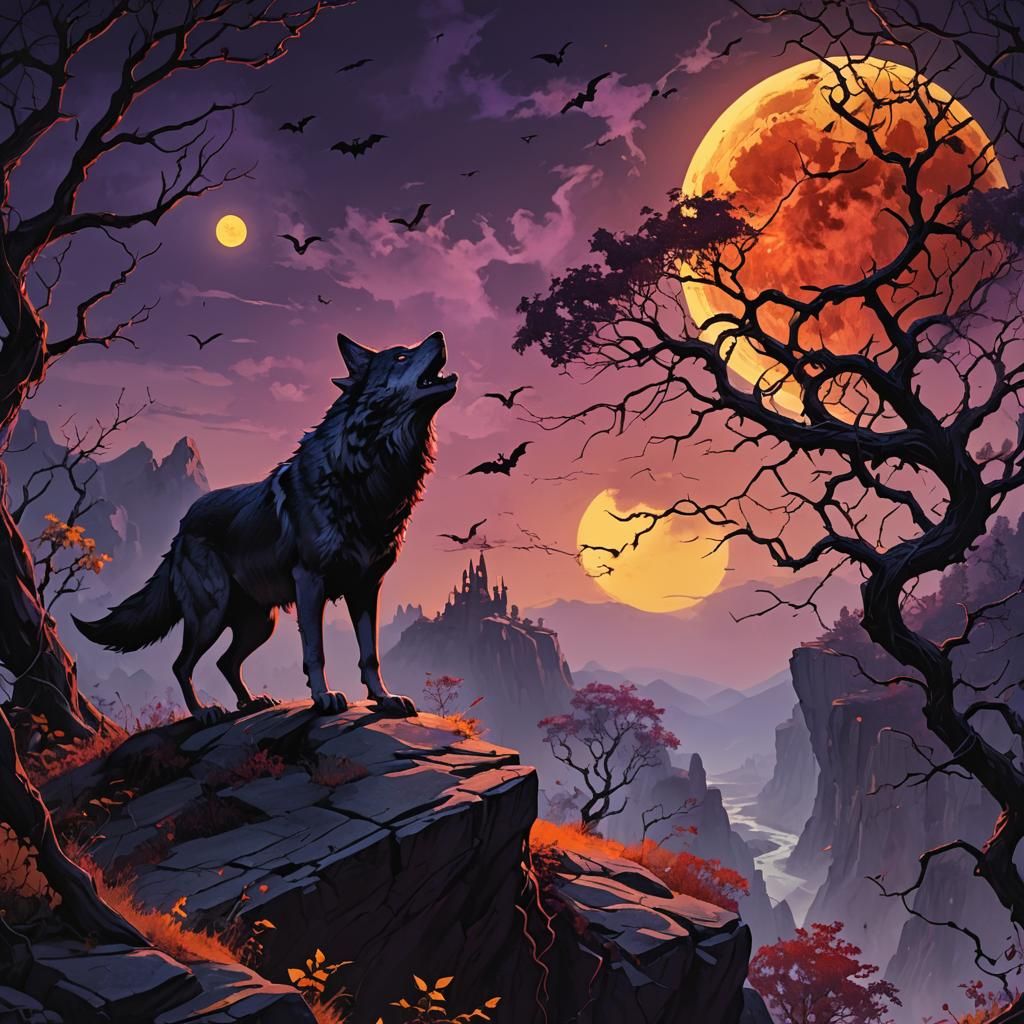 Wolf on Cliff Under Moon, Dark Fantasy Art