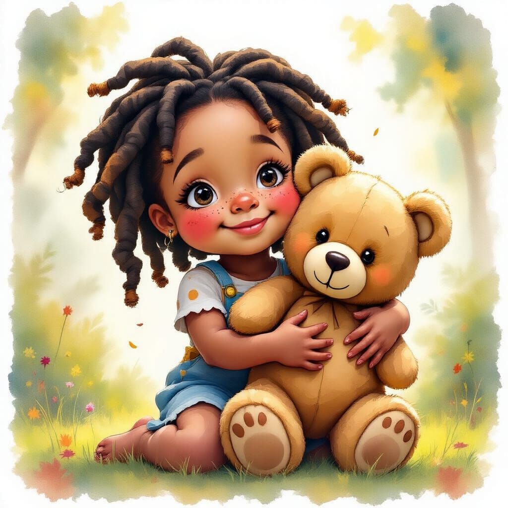 Joyful Girl With Teddy Bear in Watercolor Style