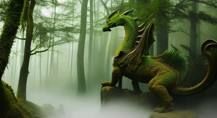 Mossy Dragon Statue in Foggy Forest