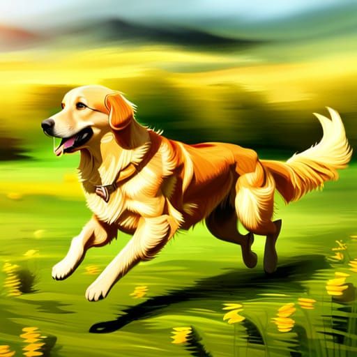 Golden Retriever Runs Through Field: Cinematic Digital Art