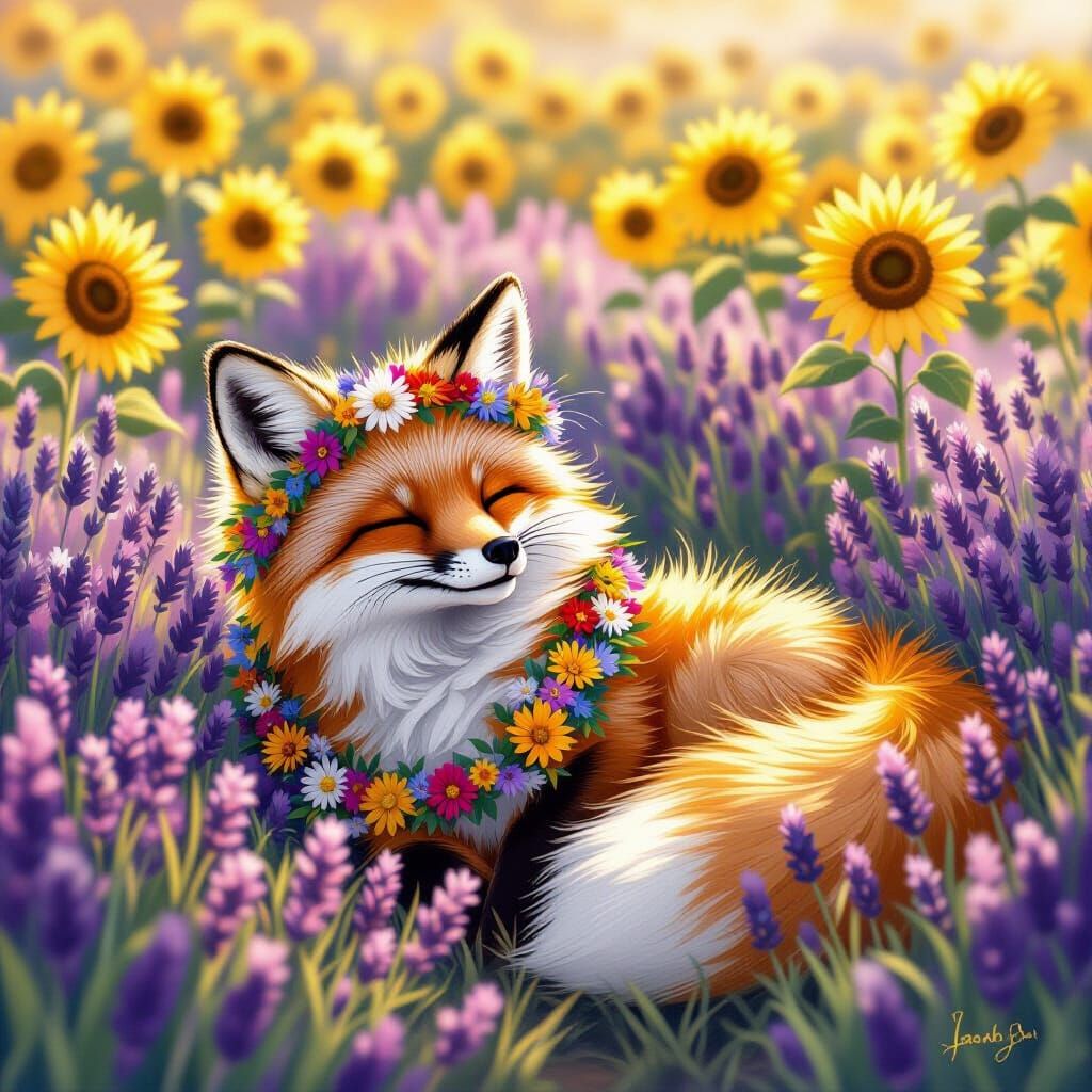 Fox in Wildflower Meadow, Whimsical Illustration