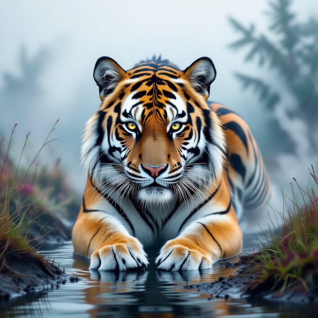 Ethereal Tiger in Dreamlike Mist: A Graffiti Art Piece