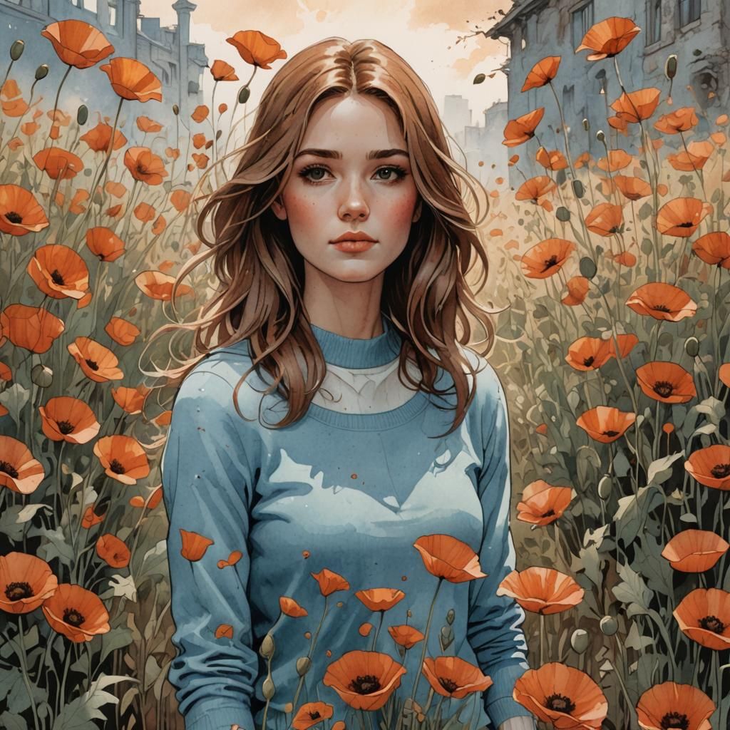 Girl with Poppies: Watercolor Comic Art