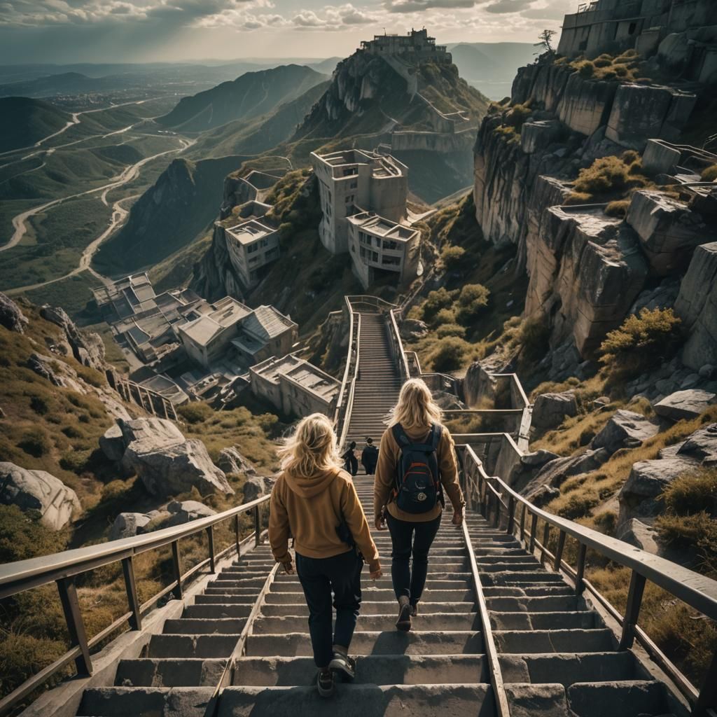 Blonde Woman Ascending Stairway to Heaven: Cinematic