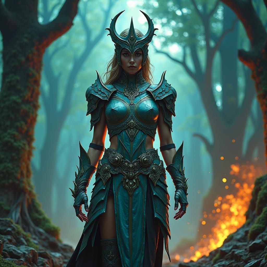 Warrior Woman in Mystical Forest, Digital Art