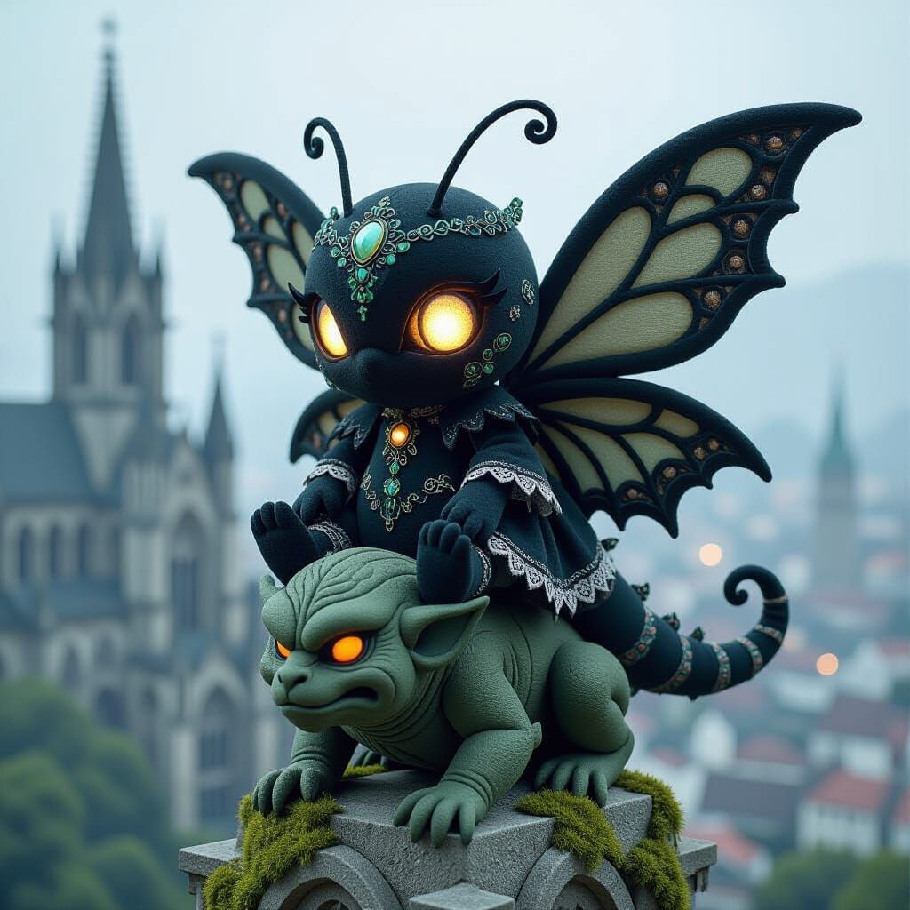 Gothic Mothra Plushie on Cathedral Gargoyle
