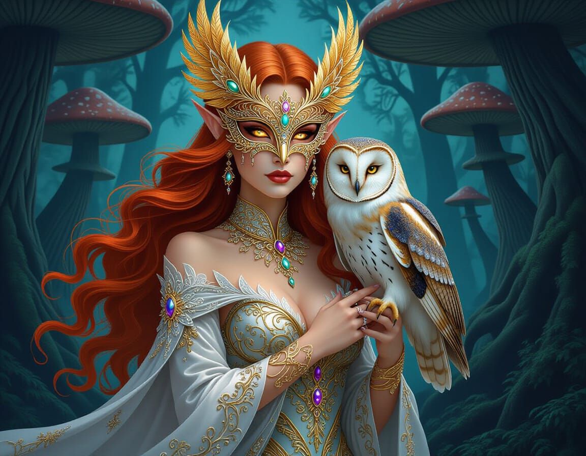 Majestic Fairy Woman with Owl Mask in Fantasy Forest