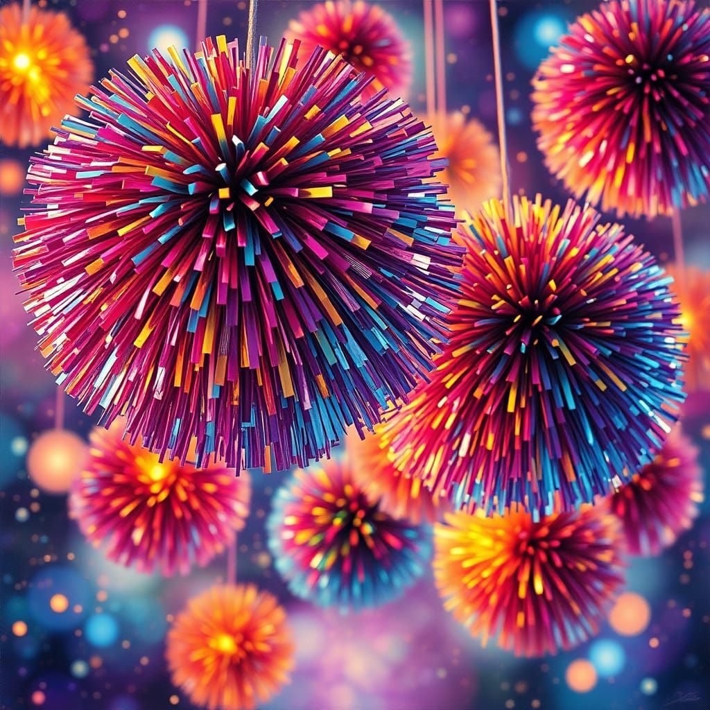 Metallic Pom Poms in Cosmic Sky: Futurism in Neon