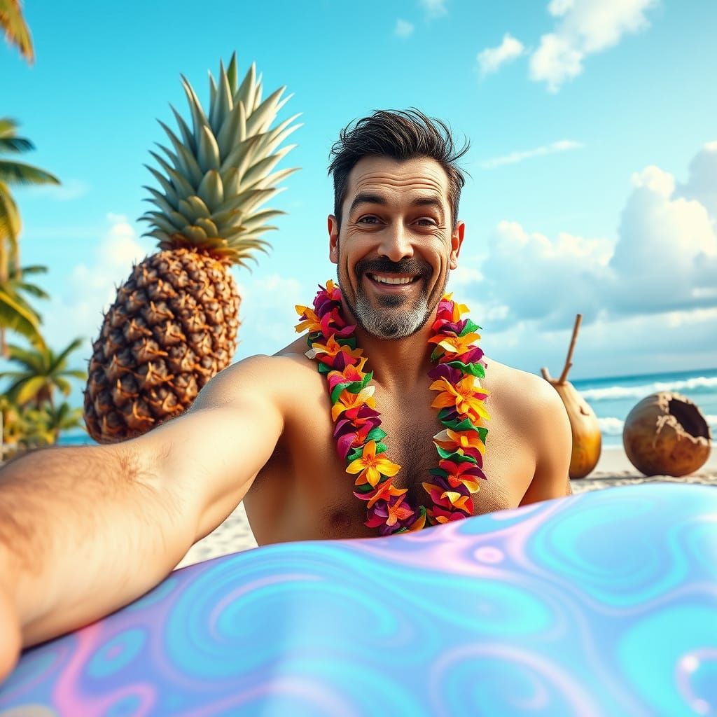 Surreal Beach Selfie in Vibrant Psychedelic Style