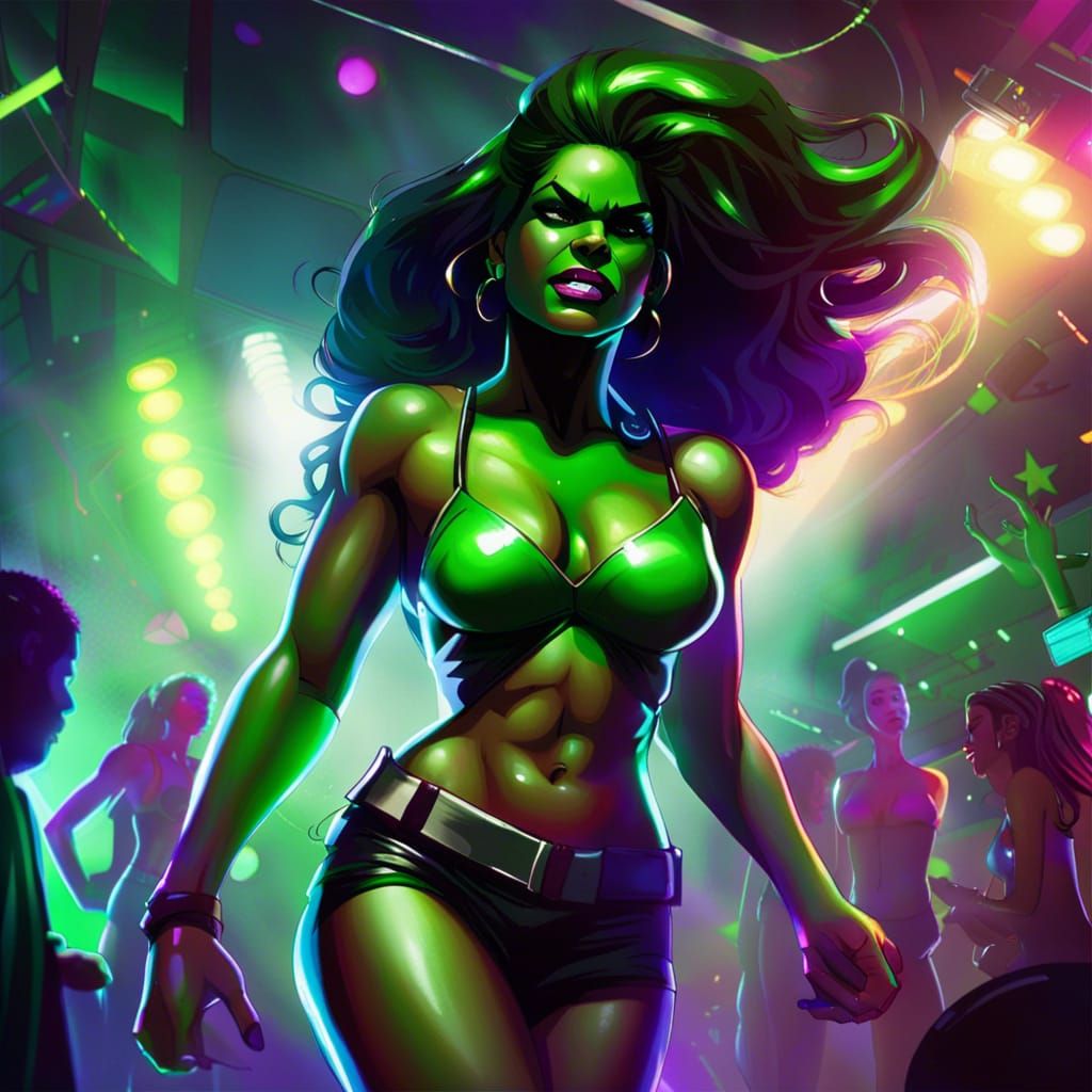 She-Hulk Dancing in a Nightclub with Disco Lights