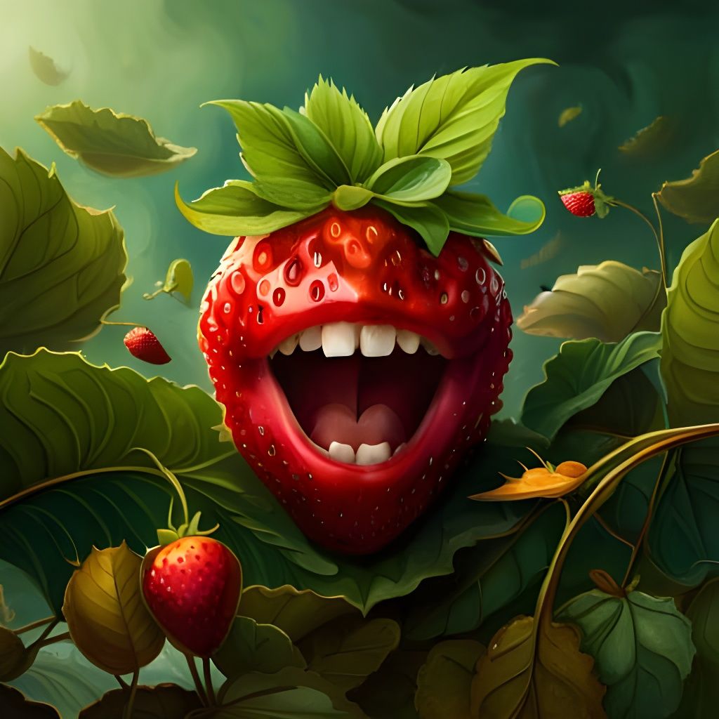 Happy Strawberry with Teeth in Fantasycore Style