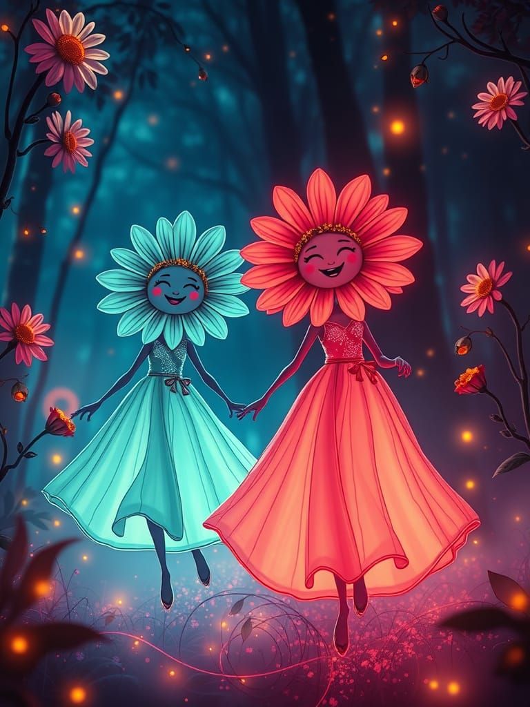 Joyful Anthropomorphic Daisies in Neon Forest Night