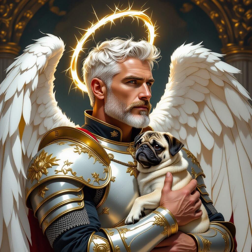 Archangel Knight Holding Pug, Dürer & Michelangelo Style