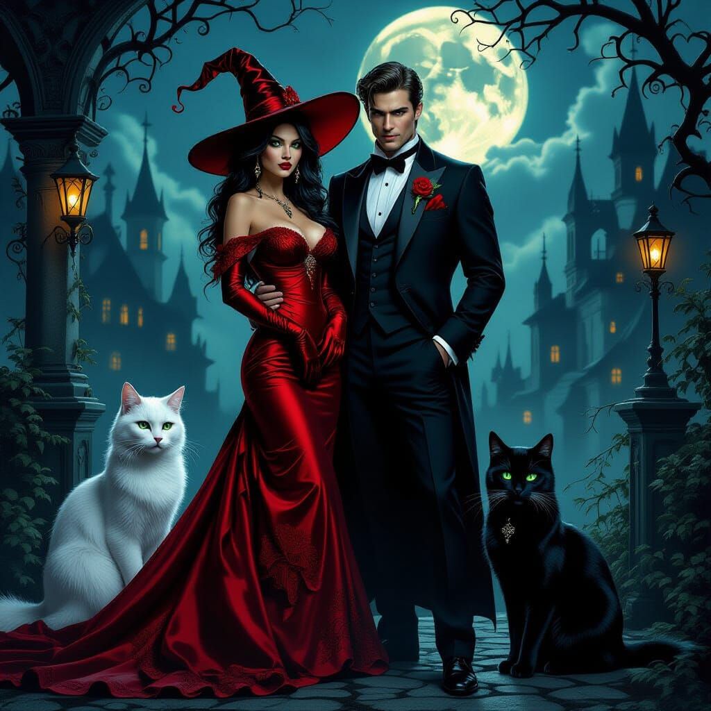 Mystical Witch and Warlock on Halloween Night