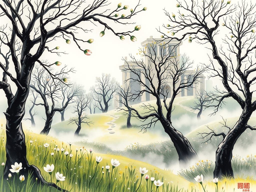 Elvish Cityscape in Escher Style with Spring Awakening