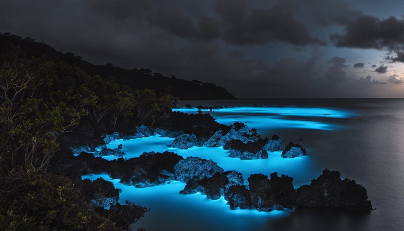 Bioluminescent Bay at Night: Sparkling Waters Under the Star...