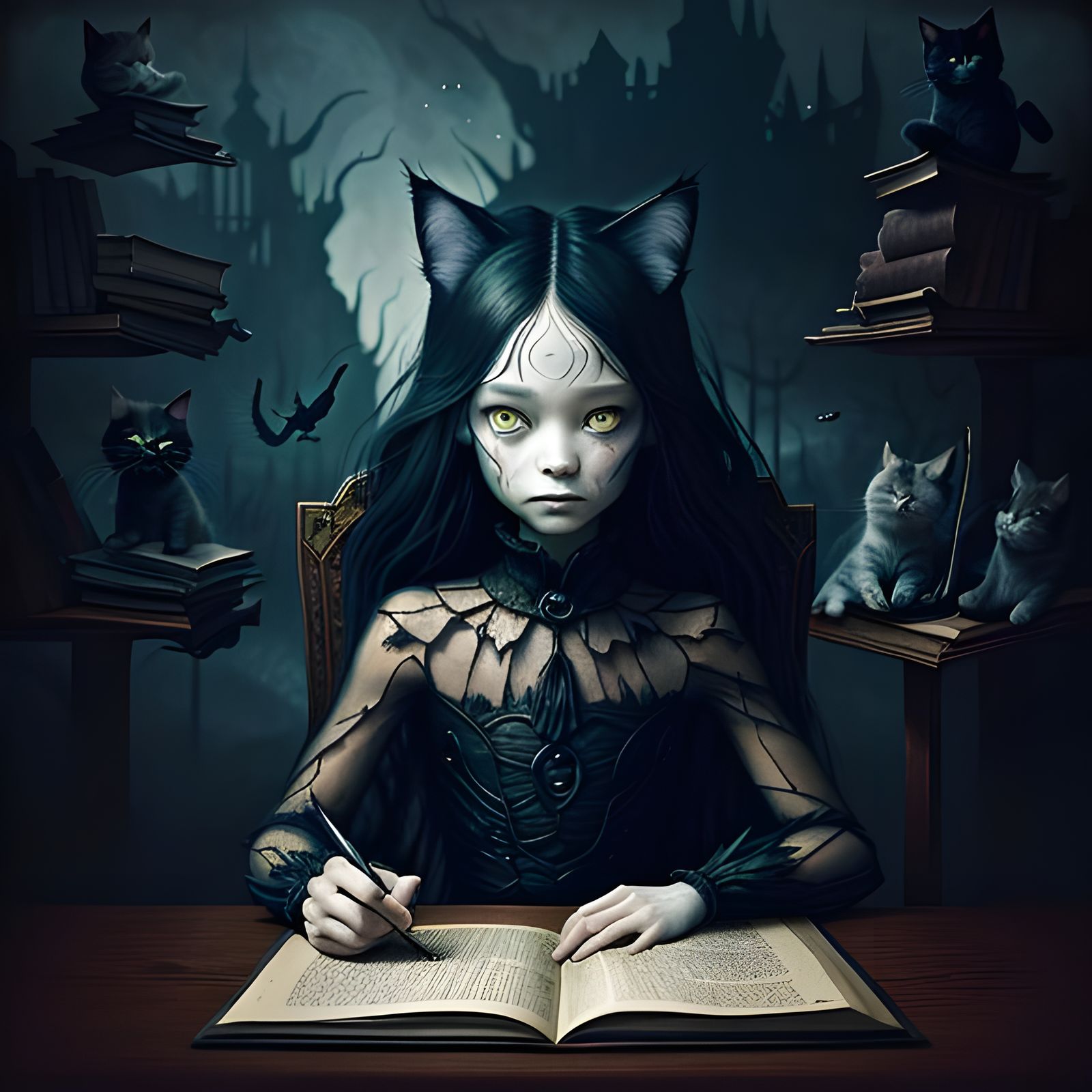 Cats, Book reader collector sitting on a comfortable chair with piles of books everywhere and cats Surreal Fantasy Lands...