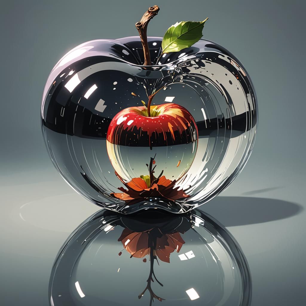 A single reflective apple that is a looking glass that mirro...
