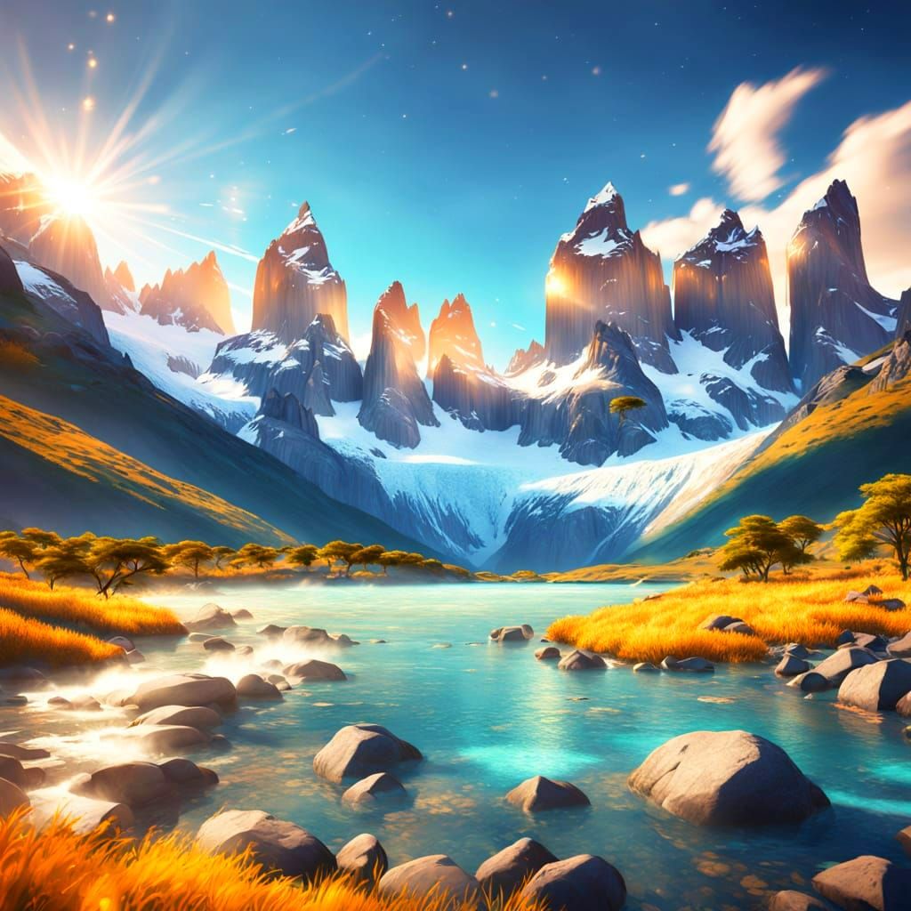 Ethereal Patagonia Landscapes with Towering Peaks and Glowin...