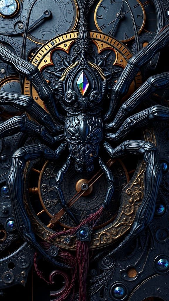 Obsidian Black Clockwork Spider Moebius deep color contrasti...