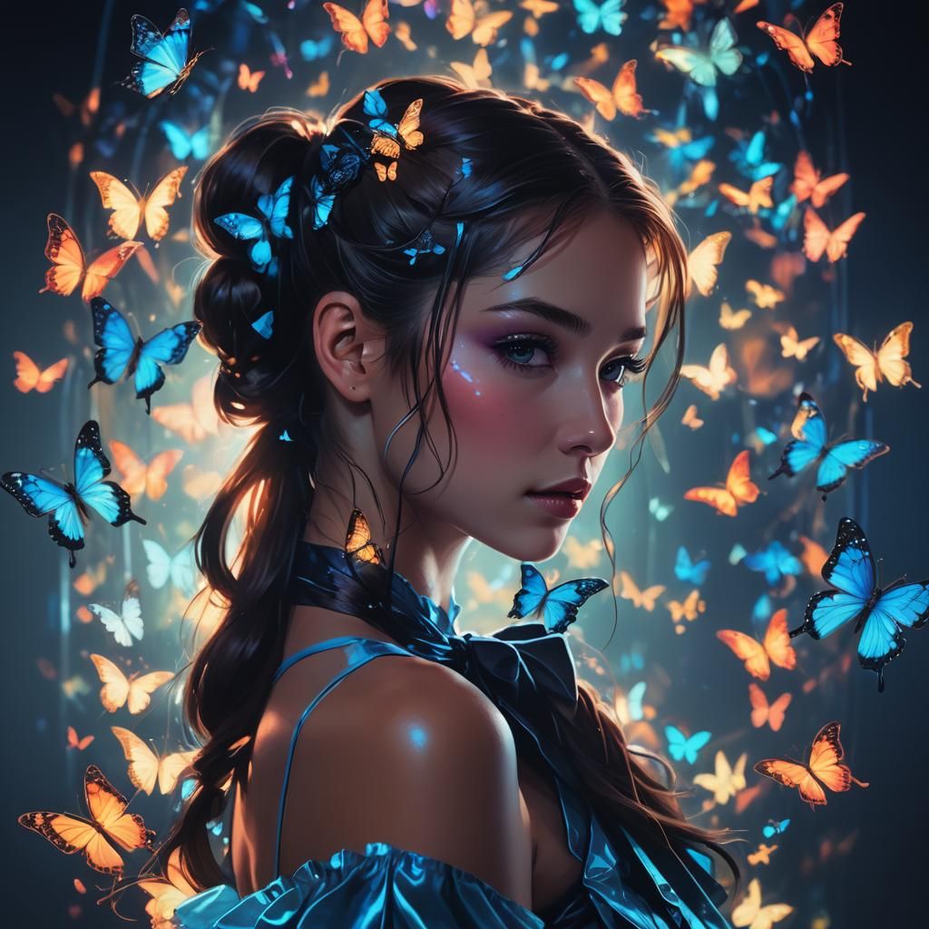 Radiant Woman with Neon Butterflies in Dark Fantasy Style
