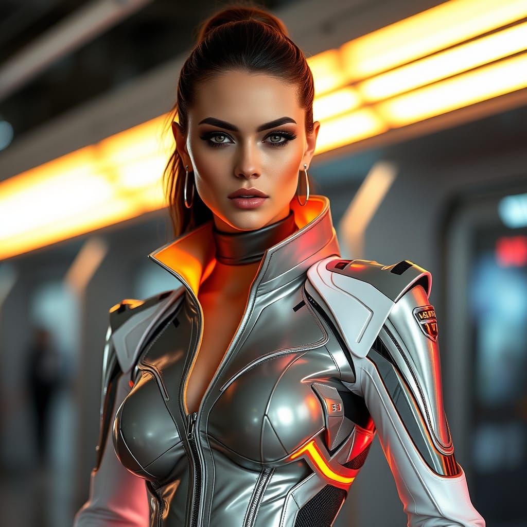 Futuristic Woman in High-Tech Fashion Suit