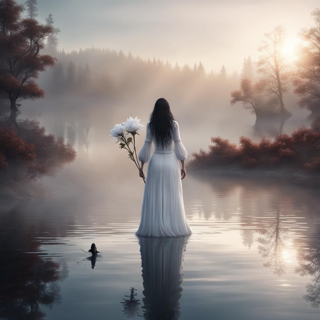 Fantasy Sunrise: Woman Emerges from Lake Holding Flower