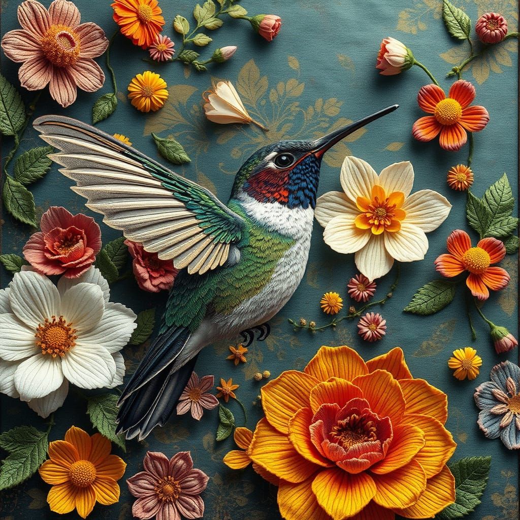 Hummingbird Among Flowers in Anime Embroidery Style