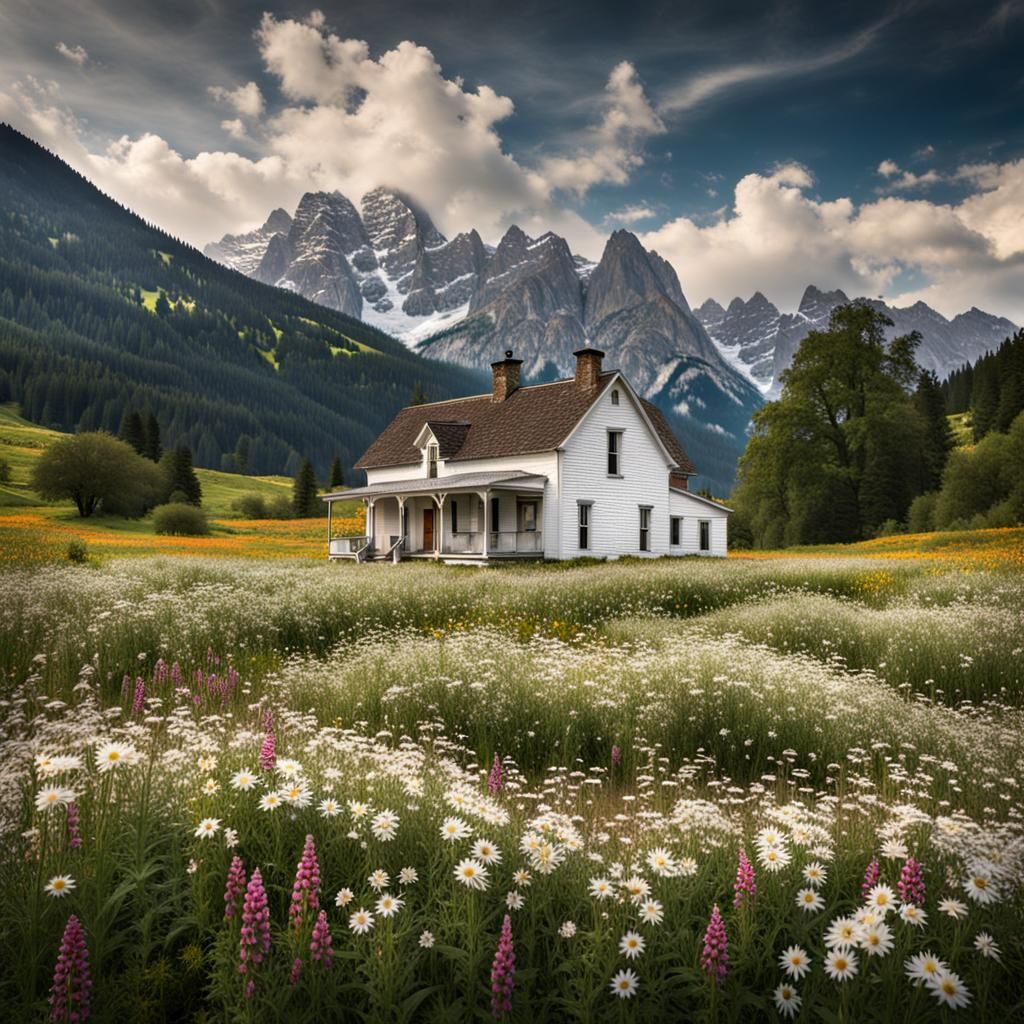 Hyperrealistic White Farmhouse in Wildflower Field