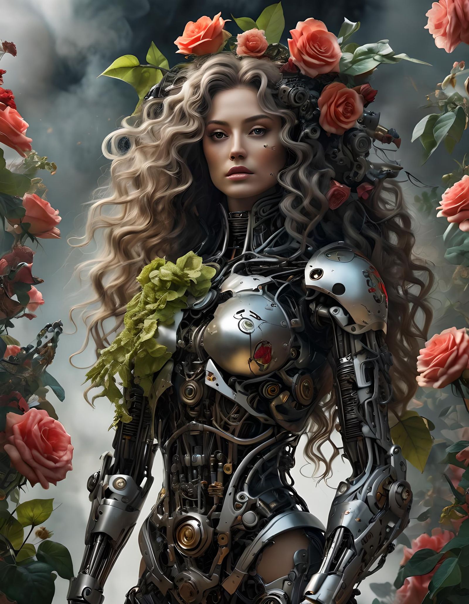 Biopunk Woman with Mechanical Floral Heart