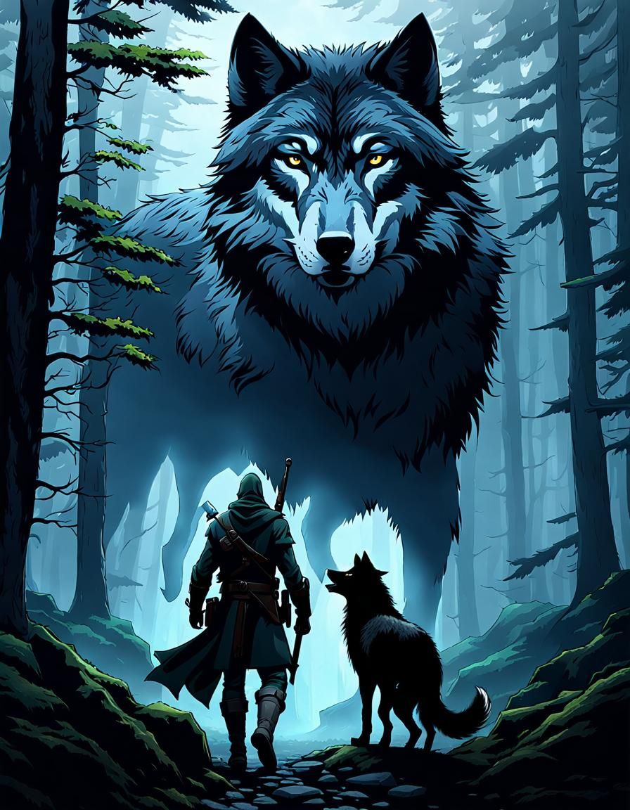 Ranger and Wolf Roam Misty Forest