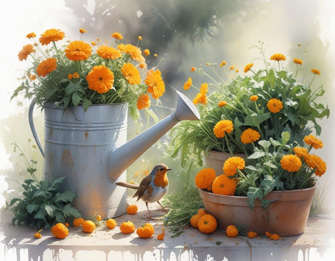 Robin on Watering Can Amidst Garden Mist