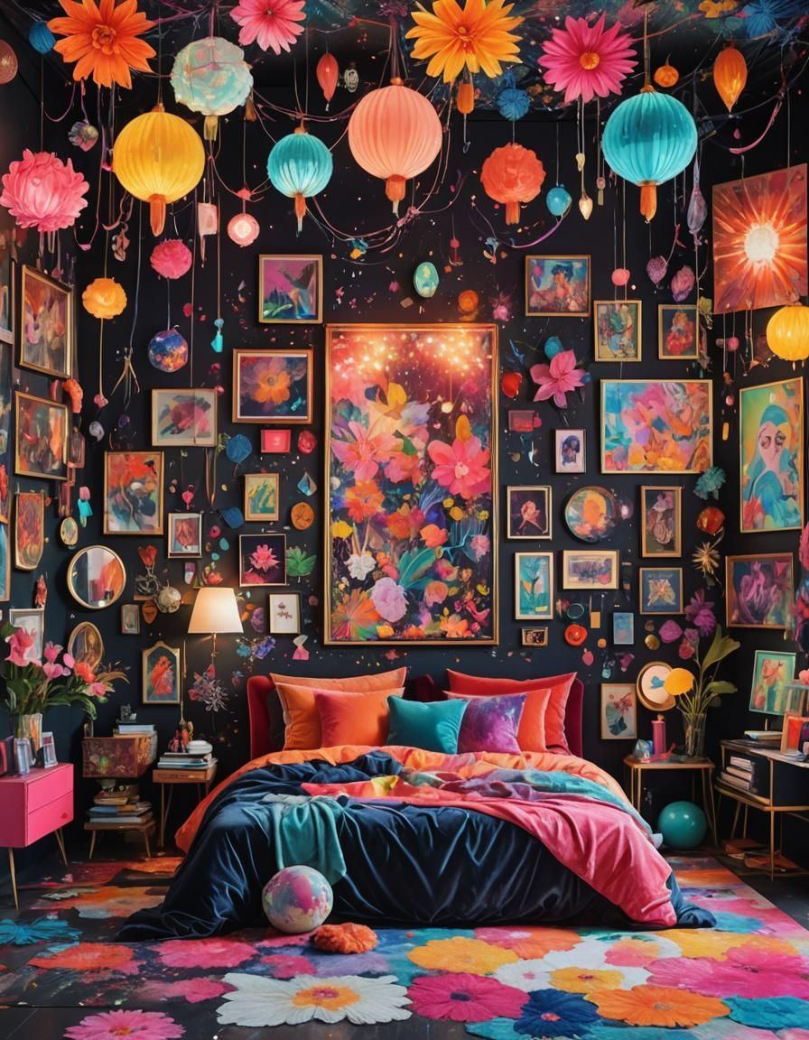 Colourful Maximalist Bedroom with Neon Lights, Watercolour S...