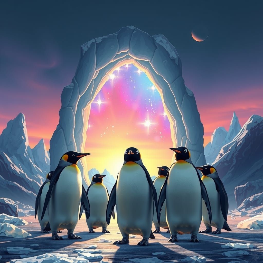 Penguins Gaze at Iridescent Portal: Dreamy Sci-Fi