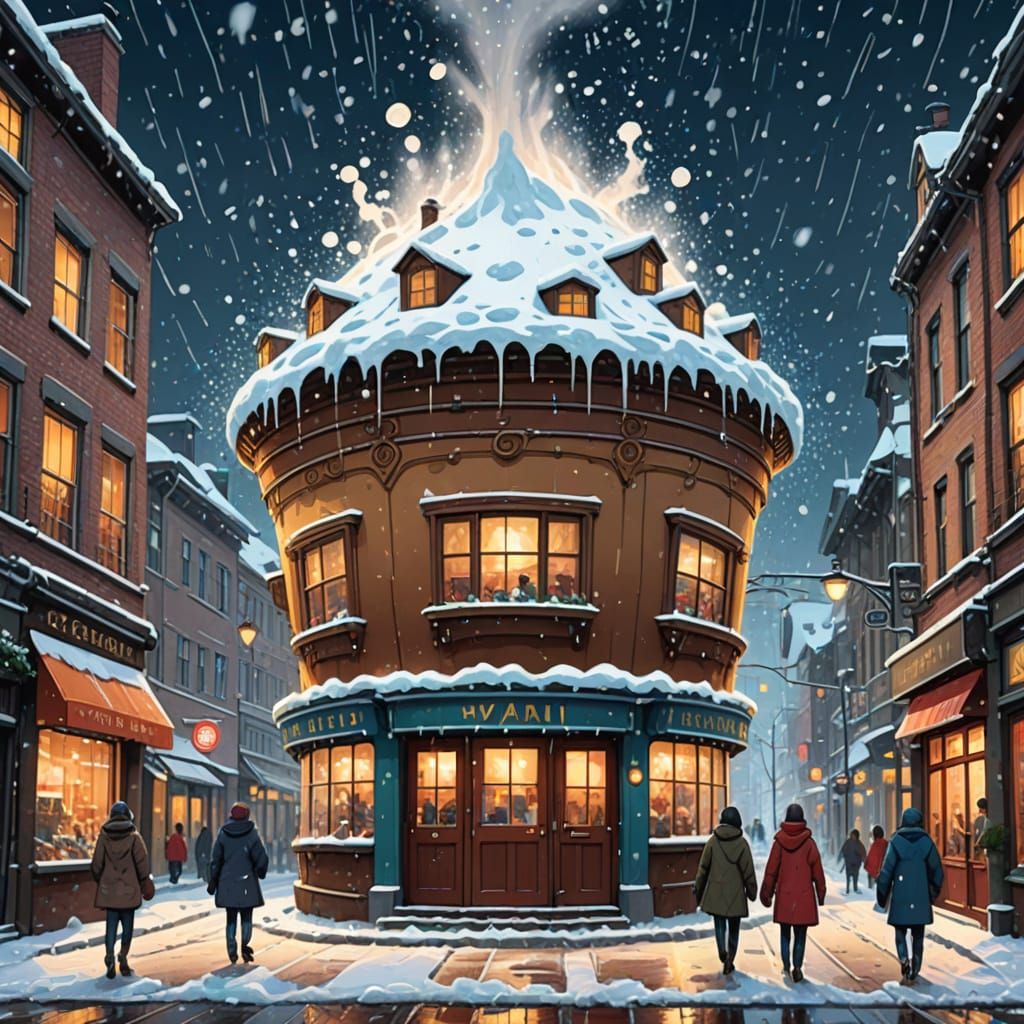 Whimsical Coffee Cup Building in Winter Wonderland