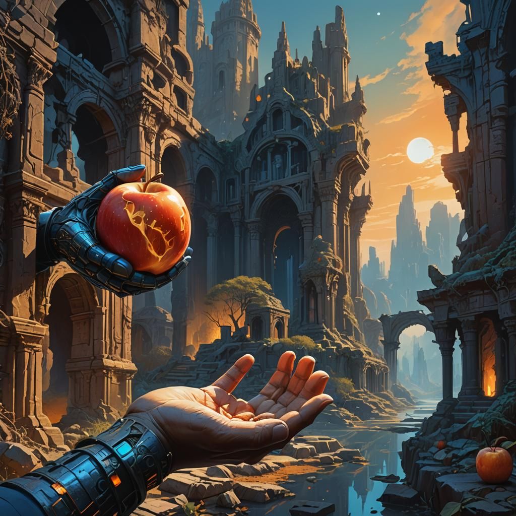 Glowing Apple in Withered Hand: Sci-Fi Concept Art