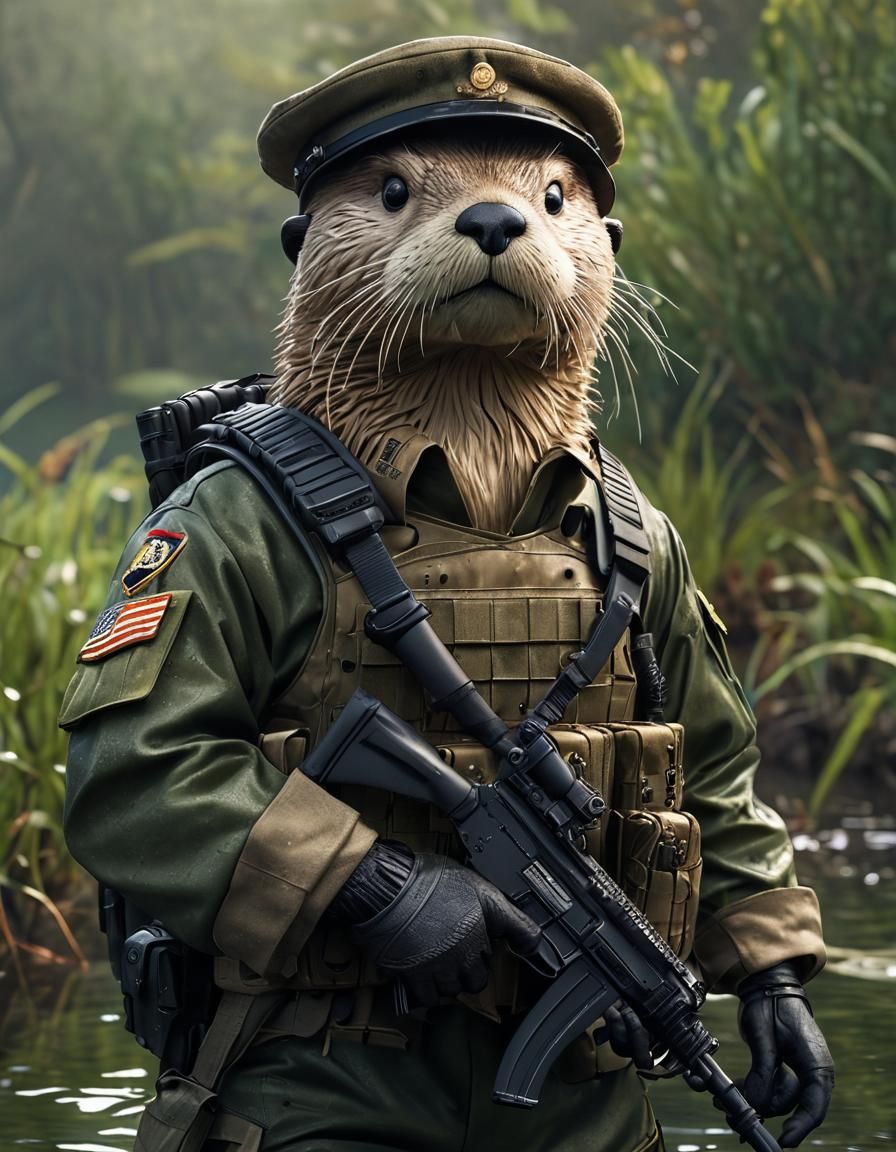 Anthropomorphic Sea Otter in Army Combat Gear