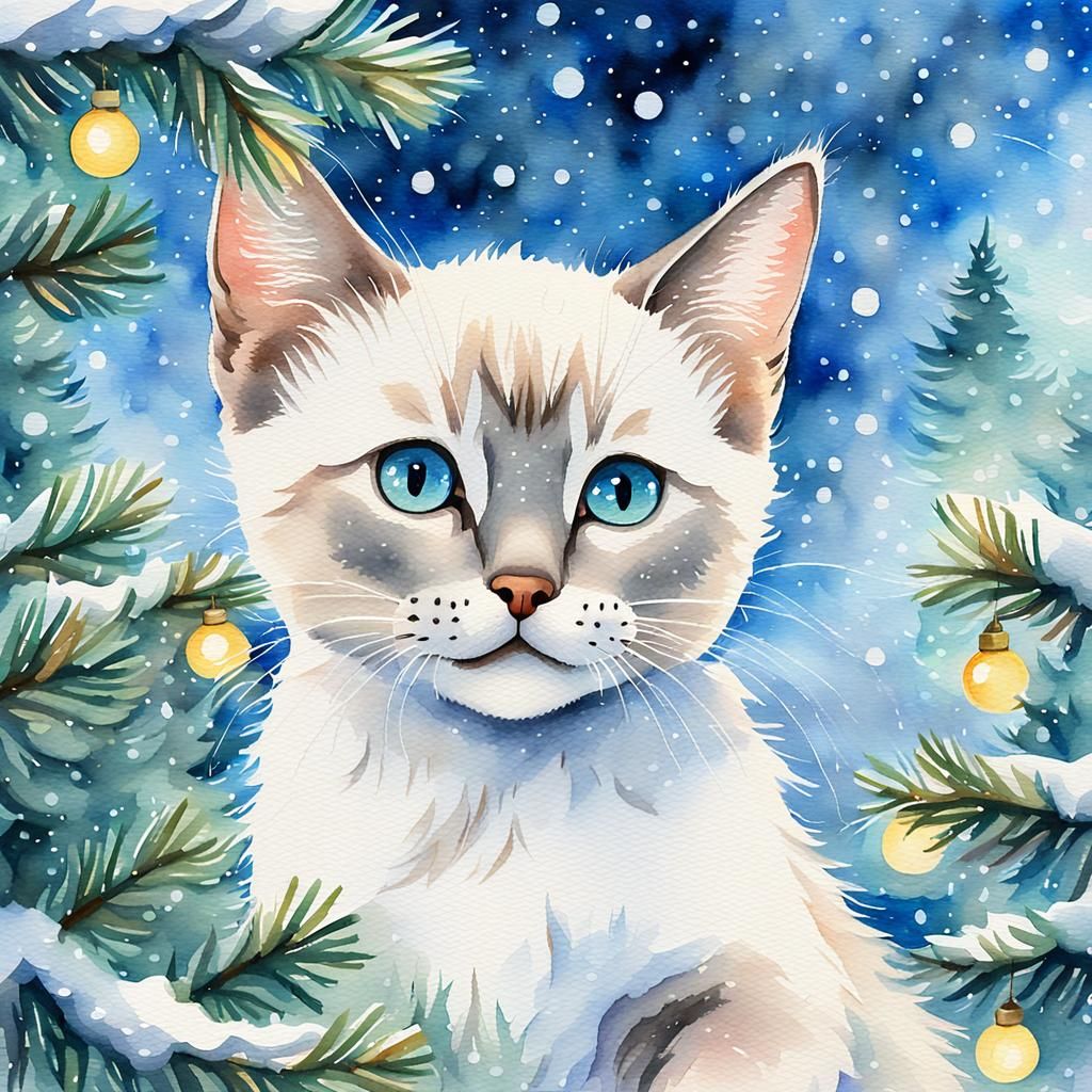 Siamese Kitten in Christmas Tree, Aquarelle Style