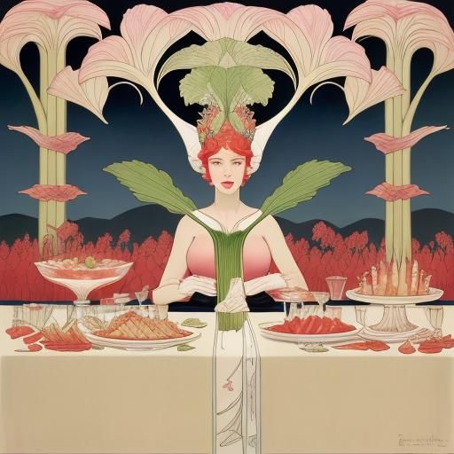 Rhubarb Still Life: Art Nouveau Illustration