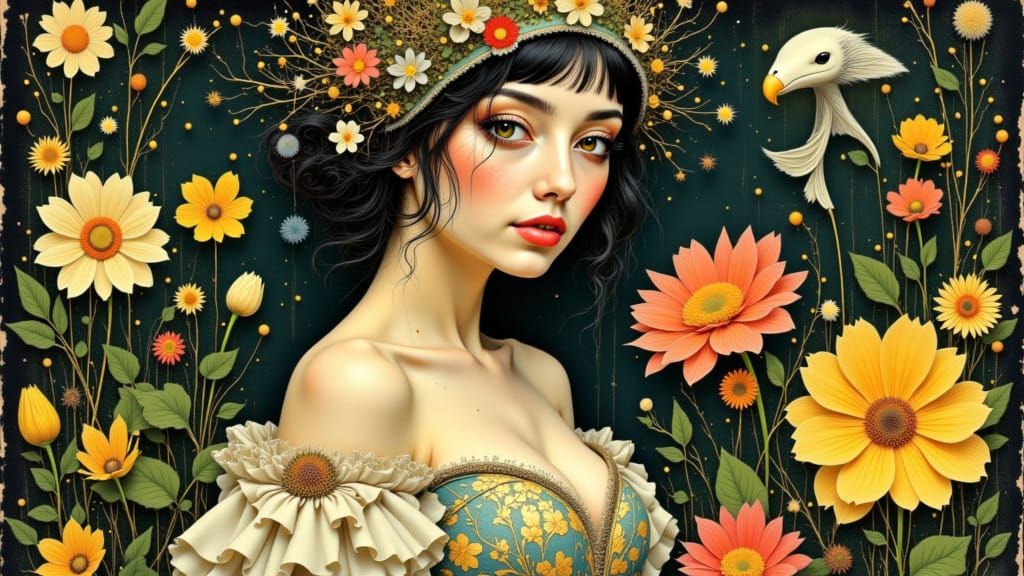 Art Nouveau Woman in Lush Floral Landscape