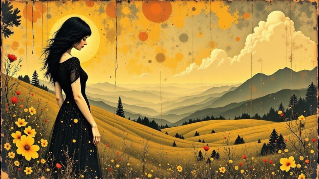 Woman in Art Nouveau Style with Floral Patterns