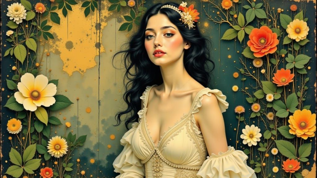 Elegant Woman Surrounded by Flowers in Art Nouveau Style
