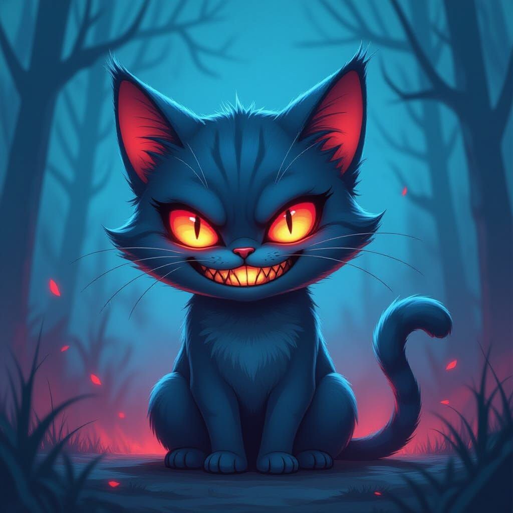 Menacing Blue Cartoon Cat with Glowing Red Eyes
