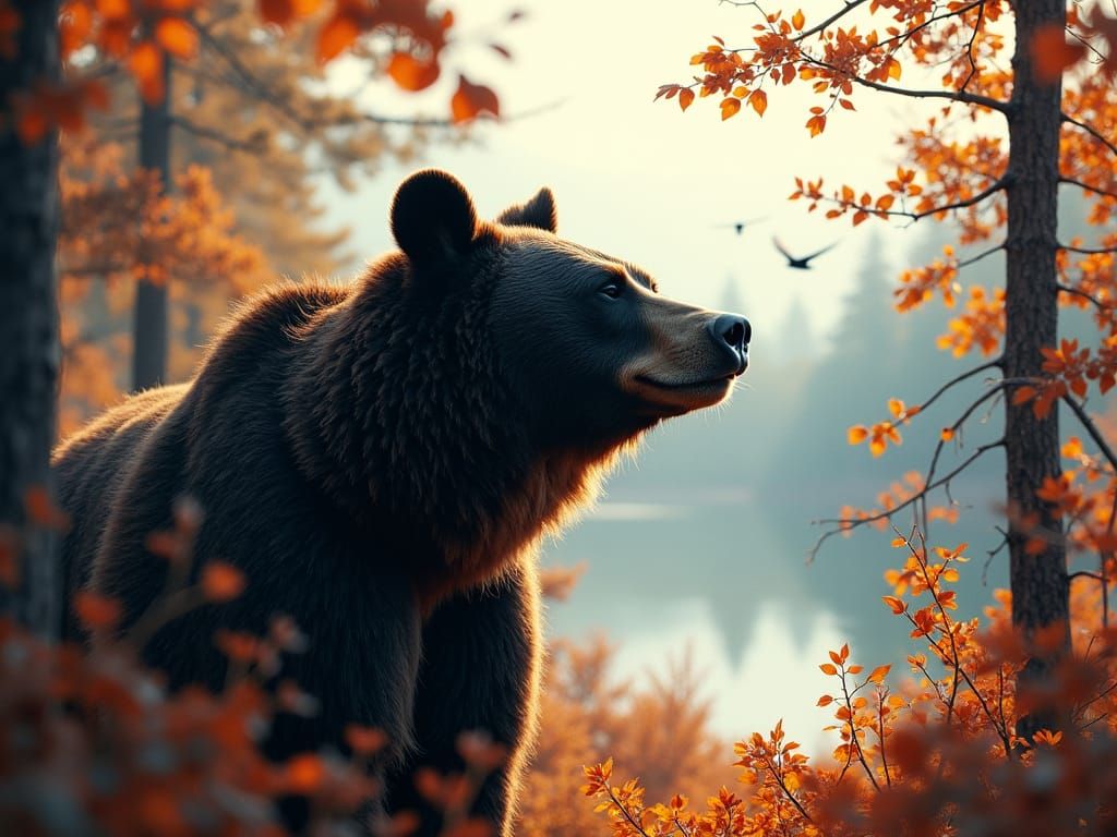 Black Bear in Autumn Forest with Golden Light
