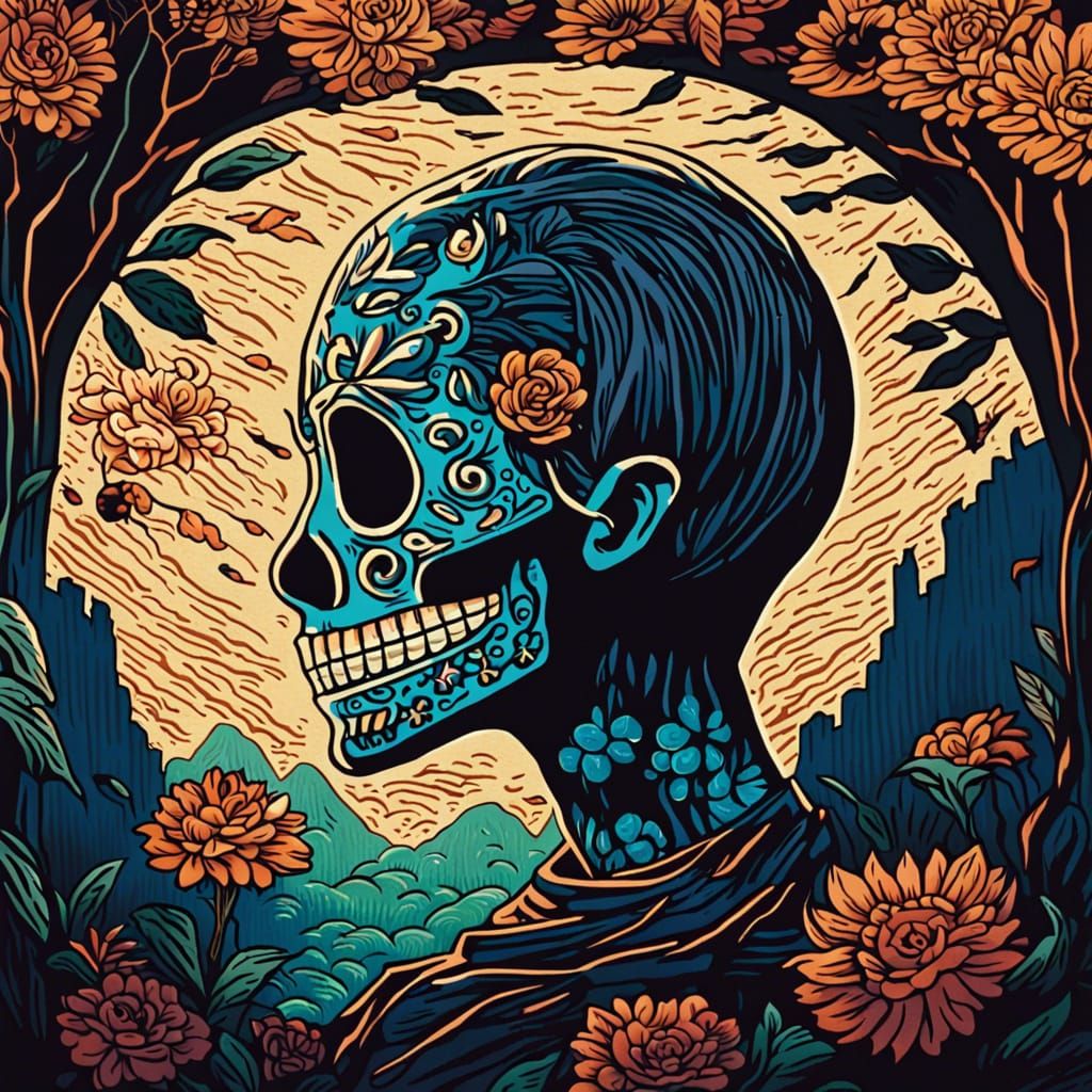 Day of the Dead Linocut in Anime Style