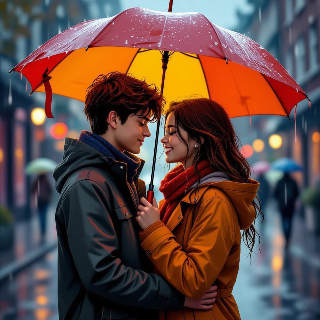 Teenage Couple Embrace in Rainy Autumn, Digital Painting