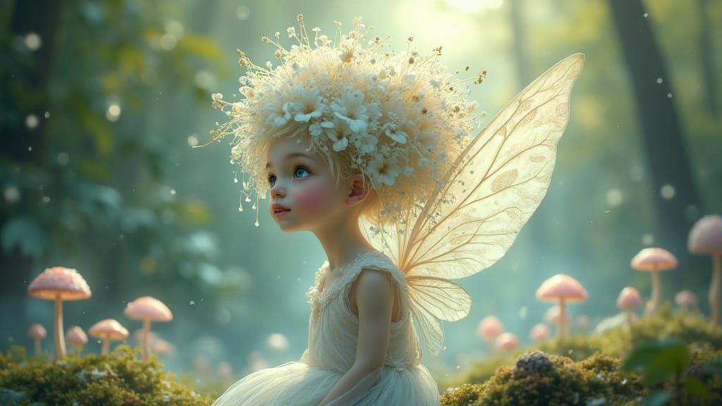 Whimsical Fairy with Floral Hair in Enchanted Forest